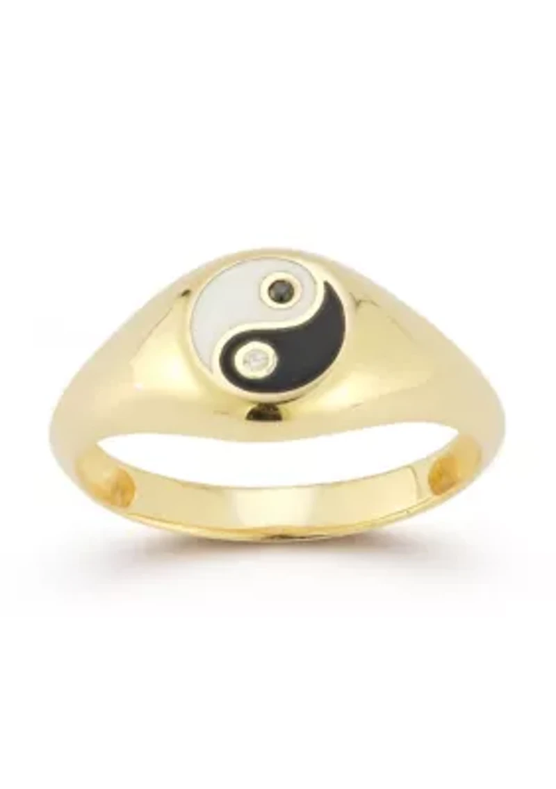 Sterling Silver Cubic Zirconia and Enamel Yin Yang Signet Ring