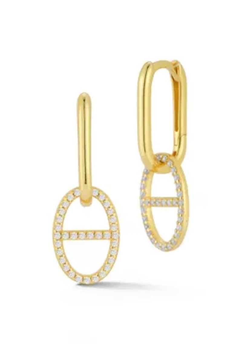 Sterling Silver Cubic Zirconia Pave Mariner Link Drop Huggie Hoop Earrings