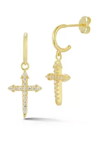 Sterling Silver Cubic Zirconia Pointy Cross Charm Hoop Earrings