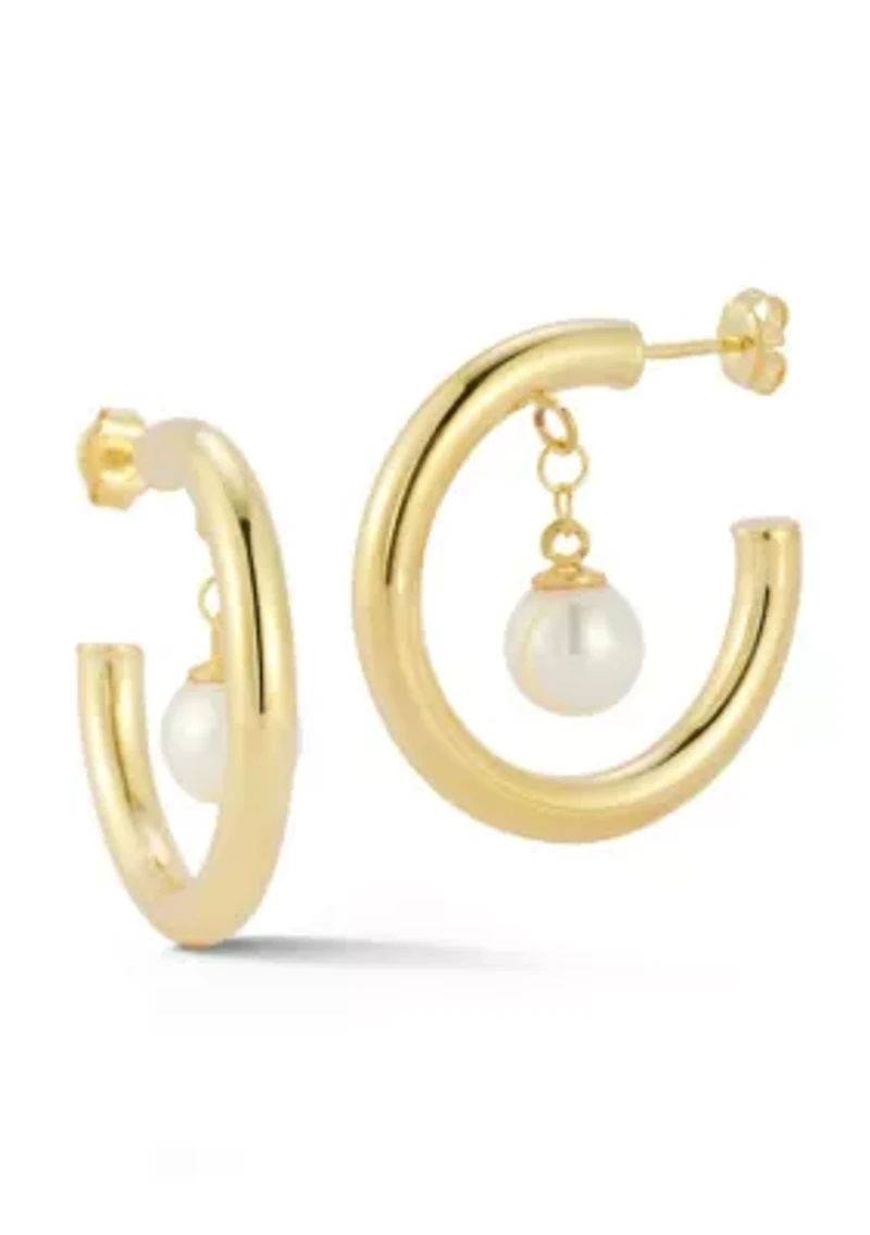Sterling Silver Pearl Dangle Hoop Earrings
