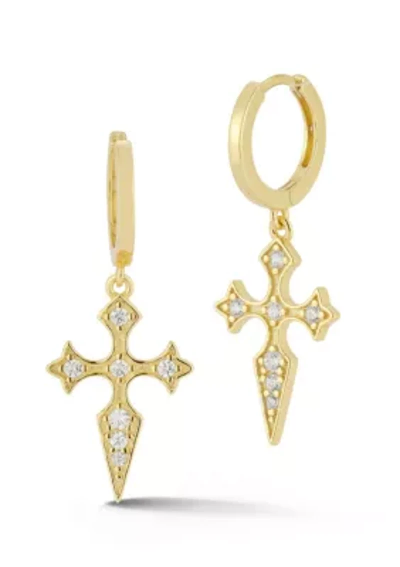 Sterling Silver Cubic Zirconia Pointy Cross Charm Huggie Hoop Earrings