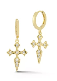 Sterling Silver Cubic Zirconia Pointy Cross Charm Huggie Hoop Earrings