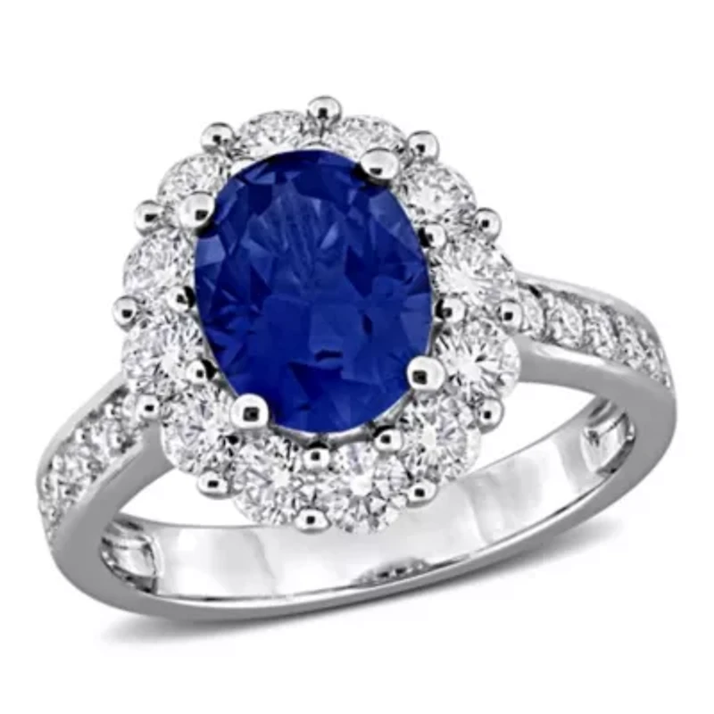 Lab Created Grown Diamond & Blue Sapphire Halo Ring Sterling Silver