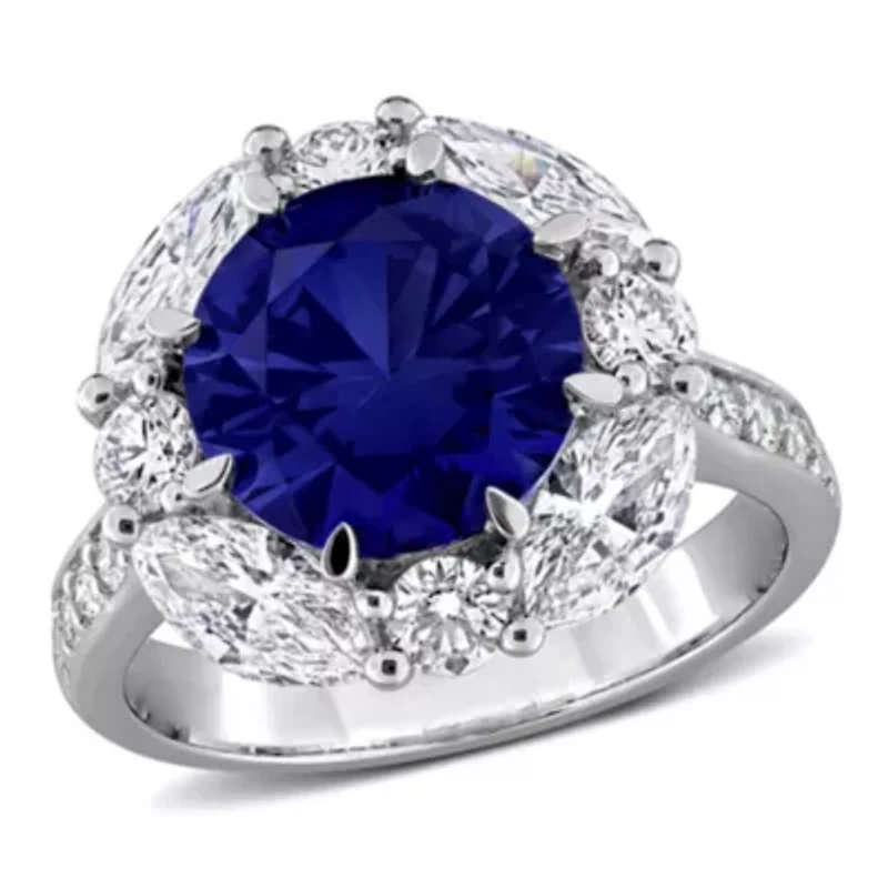 Lab Created Grown Diamonds & Blue Sapphire Halo Ring Sterling Silver