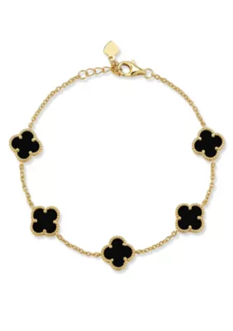 Sterling Silver Black Agate Clover Station Bracelet