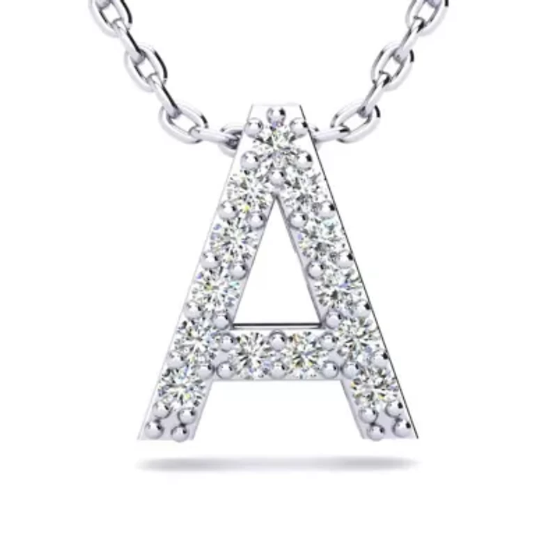 Lab Created Block Initial Grown Diamond Necklace Sterling Silver With 18 Inch Chain, All Letters Available