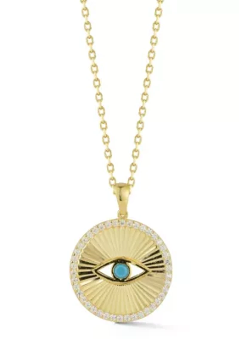 Sterling Silver Cubic Zirconia and Synthetic Turquoise Evil Eye Medallion Necklace