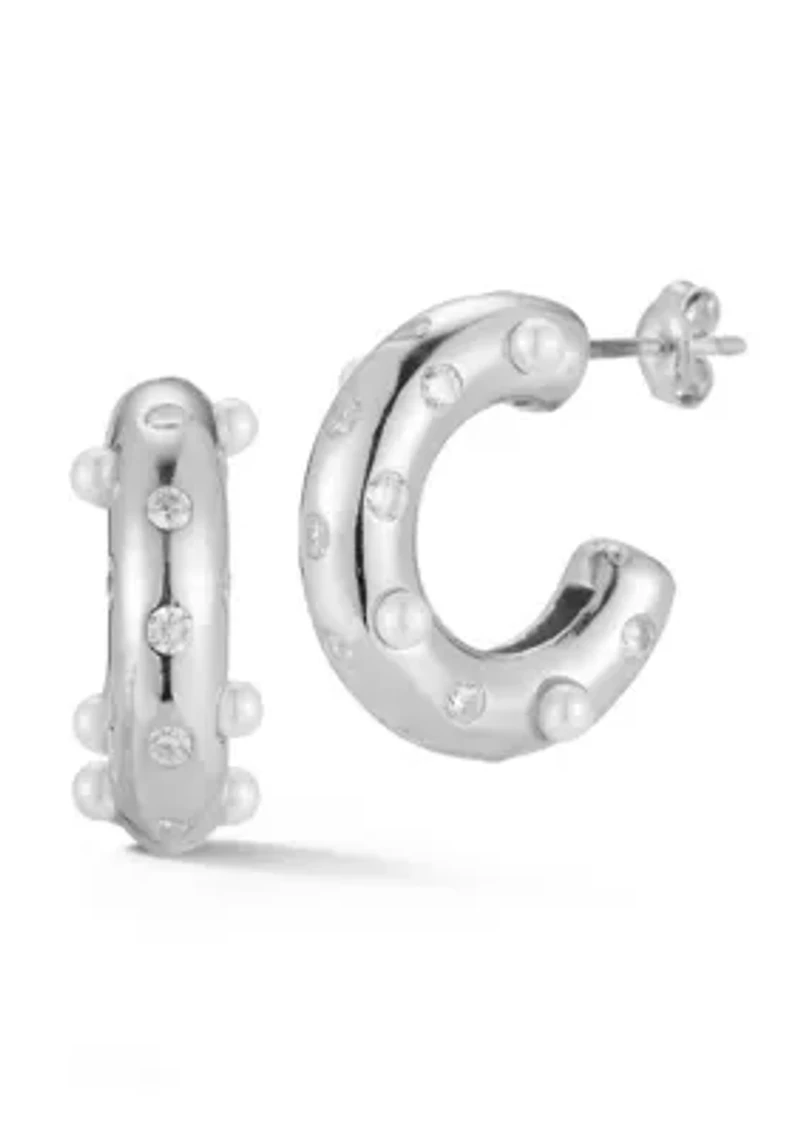 Sterling Silver Cubic Zirconia and Pearl Hoop Earrings
