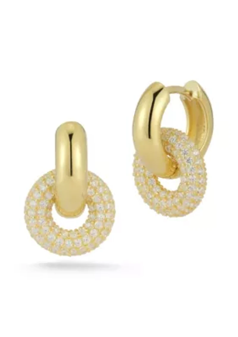 Sterling Silver Open Bold Cubic Zirconia Pave Link Huggie Hoop Earrings