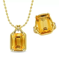 2 Piece Set of Citrine & White Topaz Solitaire Necklace Ring Yellow Plated Sterling Silver, 18"