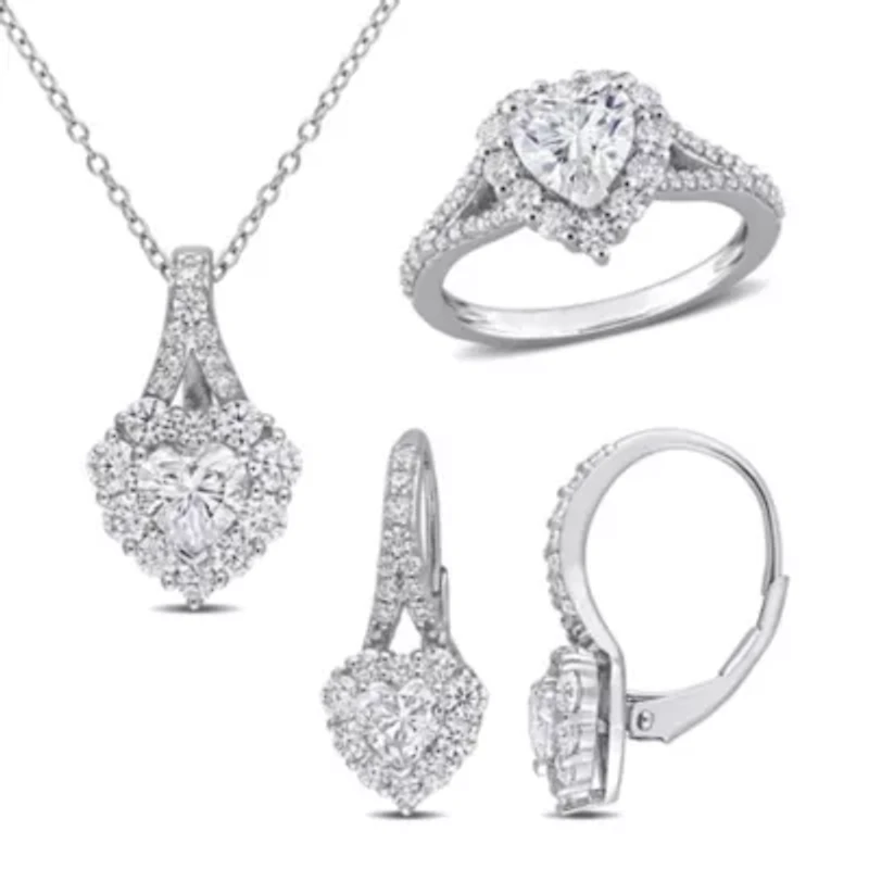 Lab Created 3 Piece Set of White Moissanite Heart Halo Earrings, Pendant, & Engagement Ring Sterling Silver, 18"