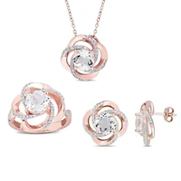 3 Piece Set of White Topaz Ring, Earrings & Pendant With Chain Rose Plated Sterling Silver, 18"
