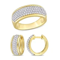 2 Piece Set of Created White Moissanite Triple Row Hoop Earrings & Semi-Eternity Ring Yellow Plated Sterling Silver