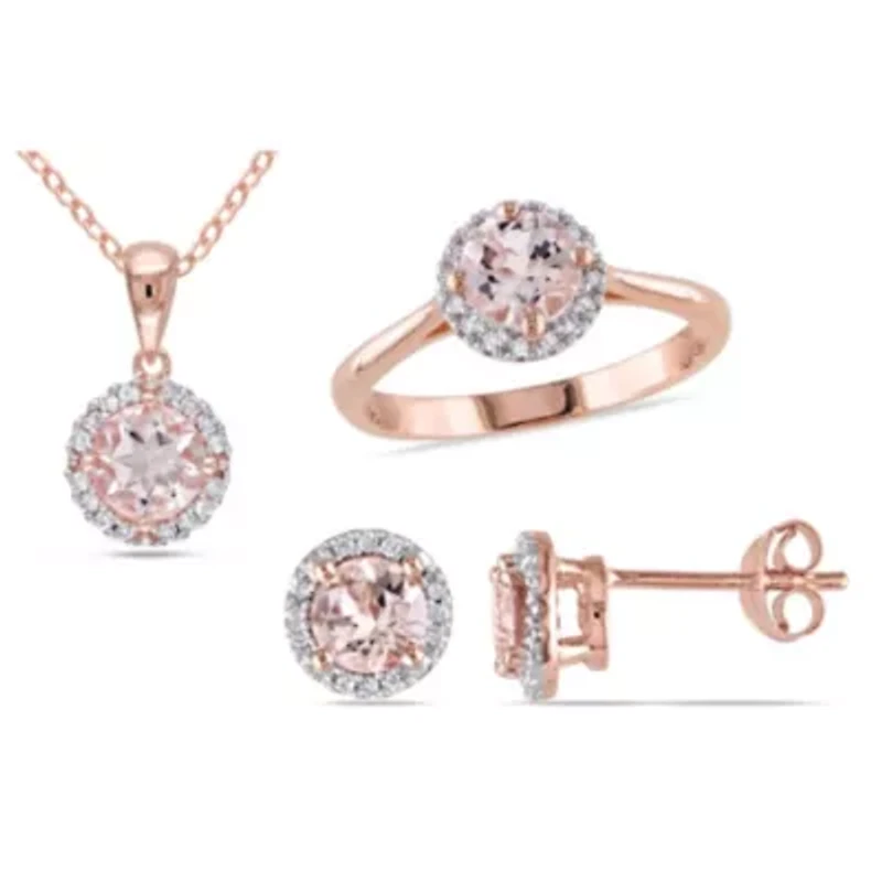3 Piece Set of Diamond & Morganite Pendant With Chain, Stud Earrings Halo Ring Rose Plated Sterling Silver, 18"