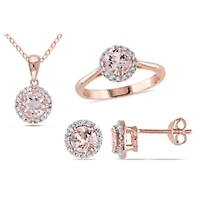 3 Piece Set of Diamond & Morganite Pendant With Chain, Stud Earrings Halo Ring Rose Plated Sterling Silver, 18"
