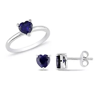Lab Created 2 Piece Set of Blue Sapphire Heart Earrings, Ring Sterling Silver