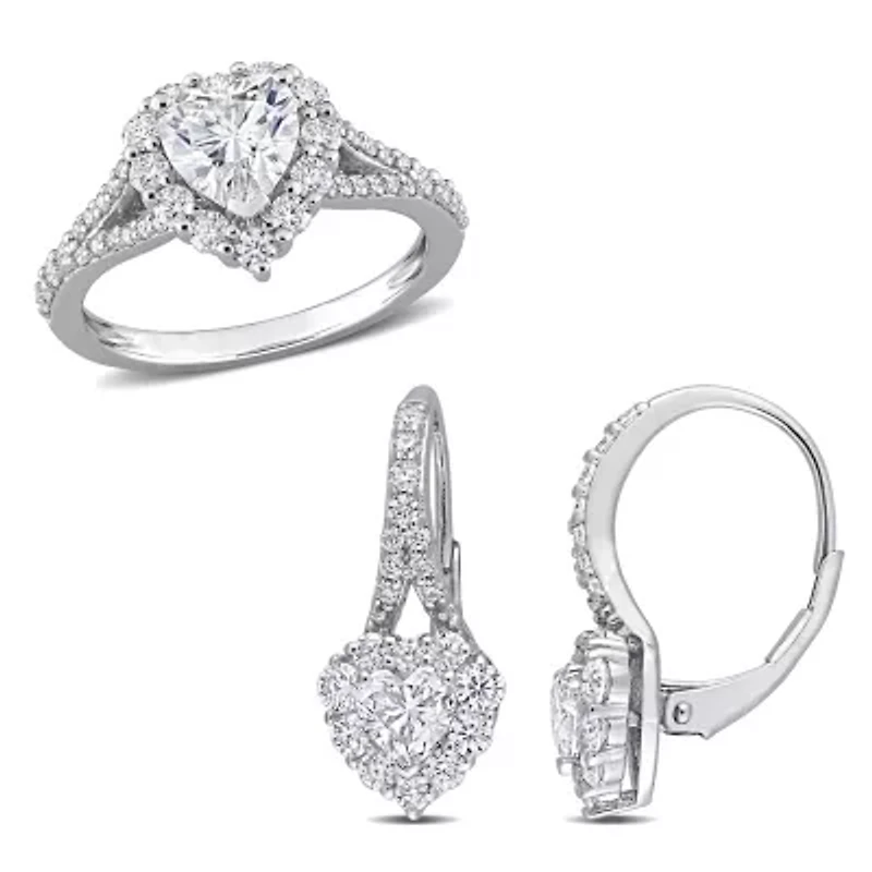 Lab Created 2 Piece Set of White Moissanite Heart Halo Earrings & Engagement Ring Sterling Silver