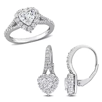 Lab Created 2 Piece Set of White Moissanite Heart Halo Earrings & Engagement Ring Sterling Silver