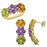 2 Piece Set of Amethyst, Citrine, Peridot, White Topaz Floral Earrings & Ring Yellow Plated Sterling Silver
