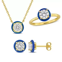 Lab Created 3 Piece Set of White Moissanite & Blue Enamel Solitaire Earrings, Necklace Ring Yellow Plated Sterling Silver, 17"