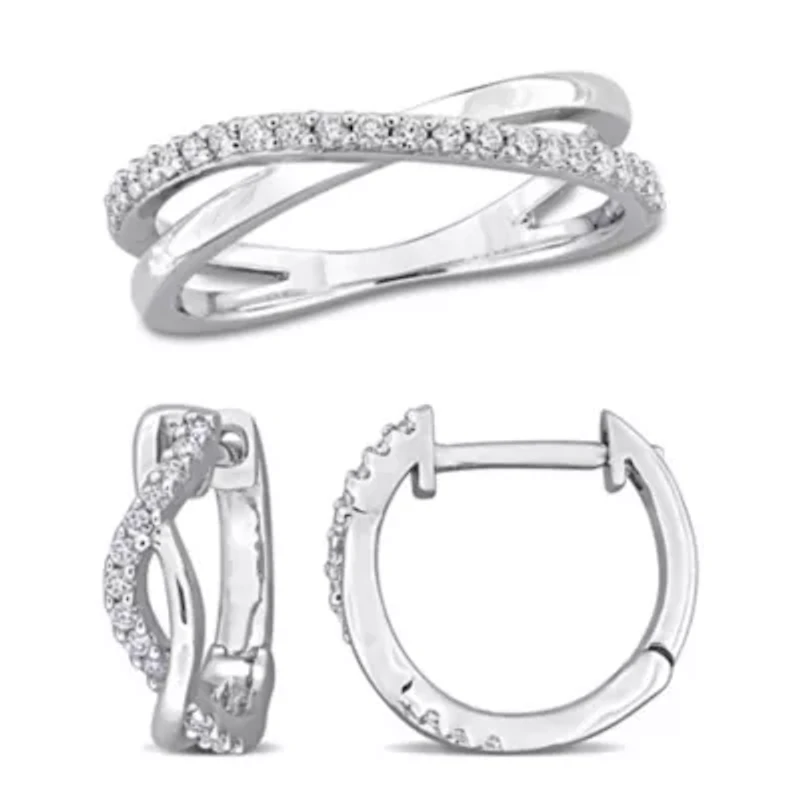 Lab Created 2 Piece Set of White Moissanite Hoop Earrings & Criss-Cross Ring Sterling Silver