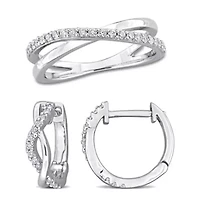 Lab Created 2 Piece Set of White Moissanite Hoop Earrings & Criss-Cross Ring Sterling Silver