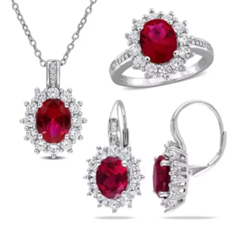 Lab Created 3 Piece Set of Ruby, White Sapphire, & Diamond Accent Earrings, Halo Pendant Cocktail Ring Sterling Silver, 18"