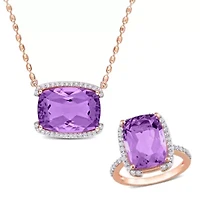 2 Piece Set of Rose de France & White Topaz Halo Pendant with Chain, Bracket Cocktail Ring Plated Sterling Silver, 18"