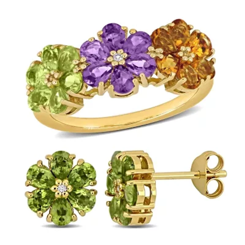 2 Piece Set of Peridot, Amethyst, Citrine, & White Topaz Floral Earrings Ring Yellow Plated Sterling Silver