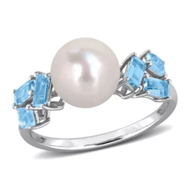 Sky & Swiss Blue Topaz 8-8.5MM Freshwater Cultured Pearl Ring 10k White Gold