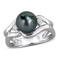 Lab Created White Sapphire & 8-8.5MM Black Tahitian Cultured Pearl Ring Sterling Silver