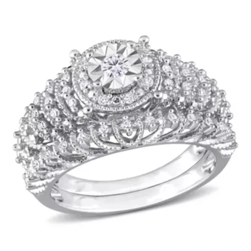 Diamond Halo Bridal Ring Set Sterling Silver