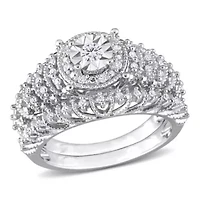 Diamond Halo Bridal Ring Set Sterling Silver