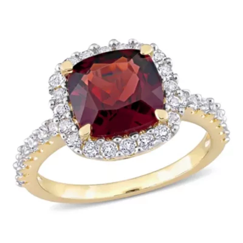 Garnet & White Topaz Ring Yellow Plated Sterling Silver