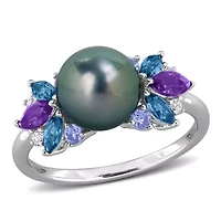 Amethyst-Africa, London Blue & White Topaz with Tanzanite 8- 8.5MM Black Tahitian Cultured Pearl Ring Sterling Silver