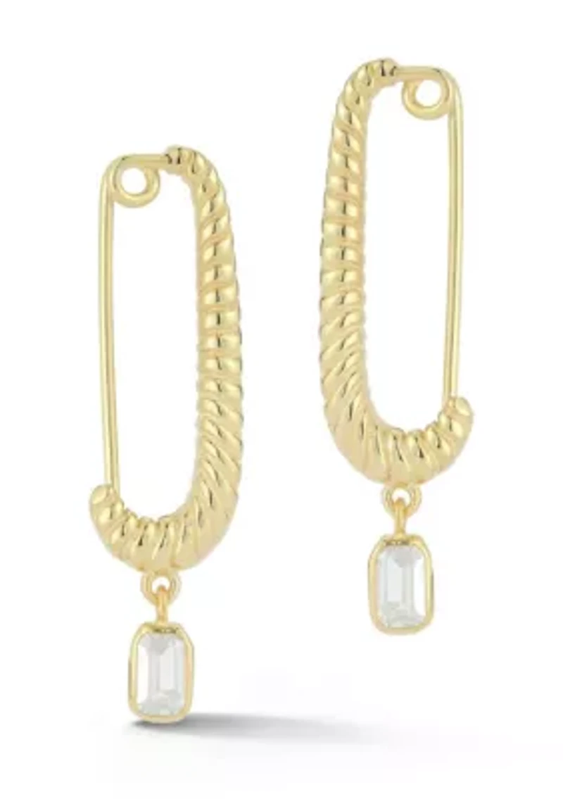 Sterling Silver Safety Pin Cubic Zirconia Charm Hoop Earrings