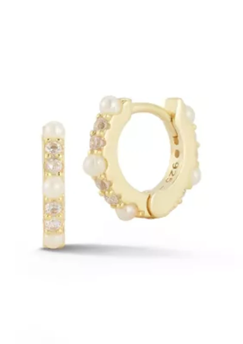 Sterling Silver Cubic Zirconia And Pearl Huggie Hoop Earrings