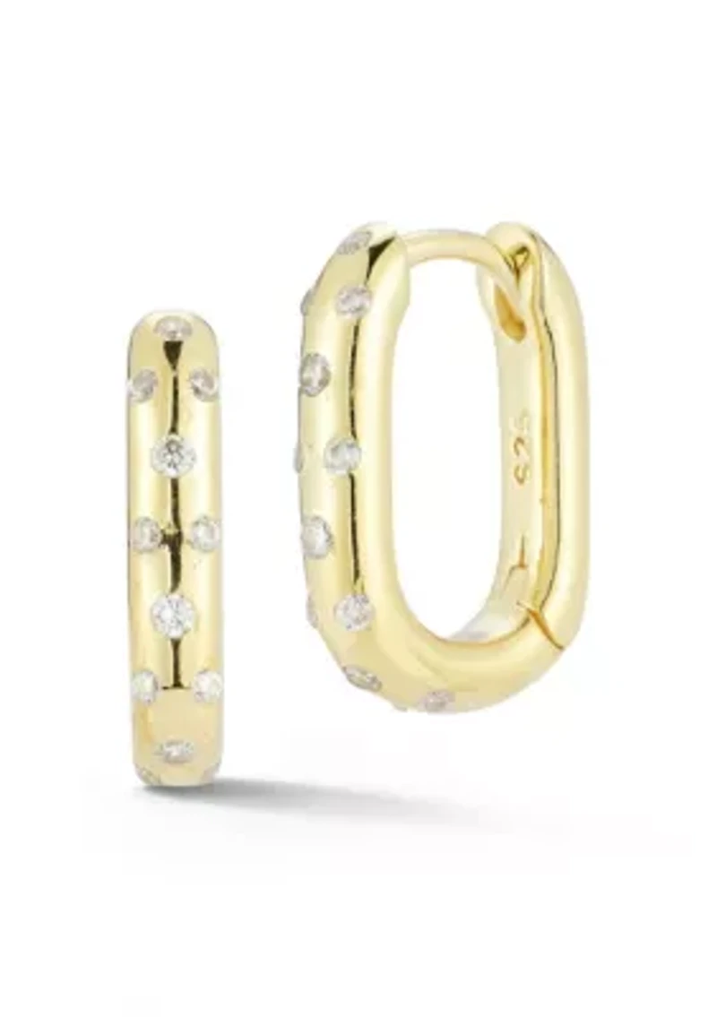 Sterling Silver Cubic Zirconia Dotted Oval Huggie Hoop Earrings