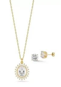 Sterling Silver Cubic Zirconia Halo Pendant Necklace and Stud Earrings Set