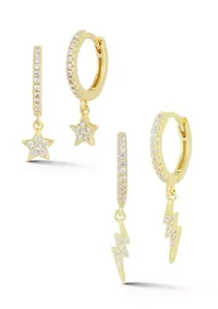 Sterling Silver Cubic Zirconia Celestial Huggie Hoop Earrings 2 Pair Set