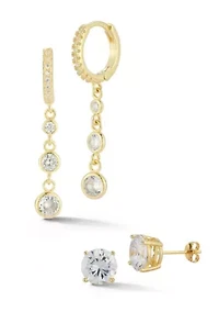 Sterling Silver Cubic Zirconia Bezel Drop Huggie Hoop Earrings and Studs 2 Pair Set