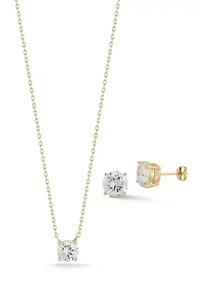 Sterling Silver Cubic Zirconia Solitaire Necklace and Studs Set