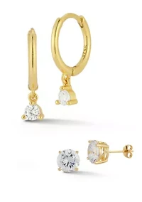 Sterling Silver Cubic Zirconia Charm Huggie Hoop Earrings and Studs 2 Pair Set