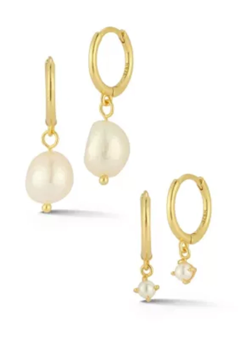 Sterling Silver Pearl Charm Huggie Hoop Earrings 2 Pair Set