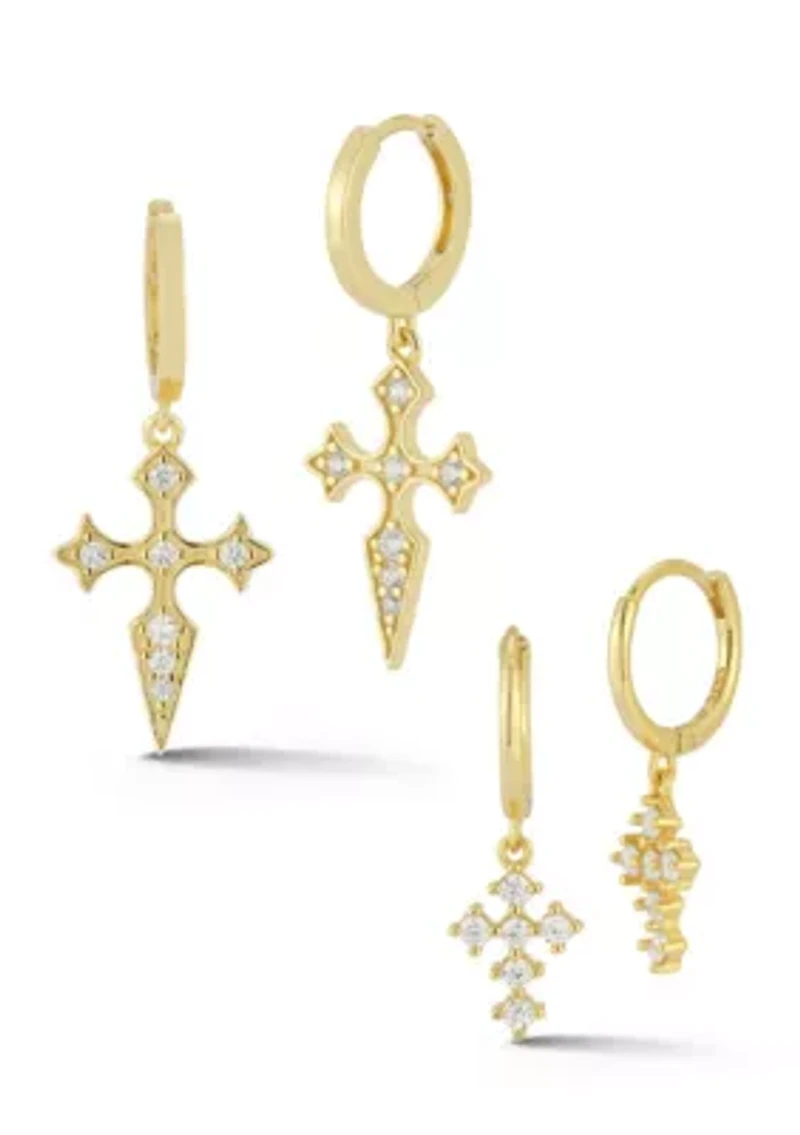 Sterling Silver Cubic Zirconia Cross Huggie Hoop Earrings 2 Pair Set
