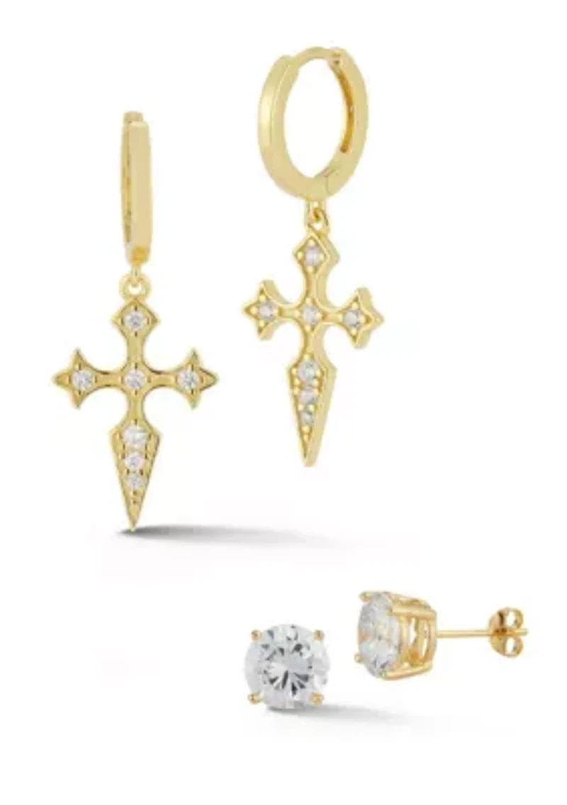 Sterling Silver Cubic Zirconia Pointy Cross Charm Huggie Hoop Earrings and Studs 2 Pair Set