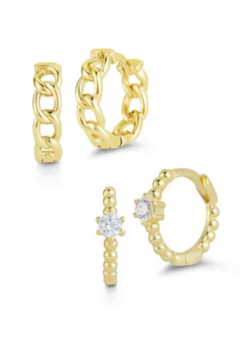 Sterling Silver Curb Chain and Cubic Zirconia Bead Huggie Hoop Earrings 2 Pair Set