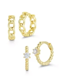 Sterling Silver Curb Chain and Cubic Zirconia Bead Huggie Hoop Earrings 2 Pair Set