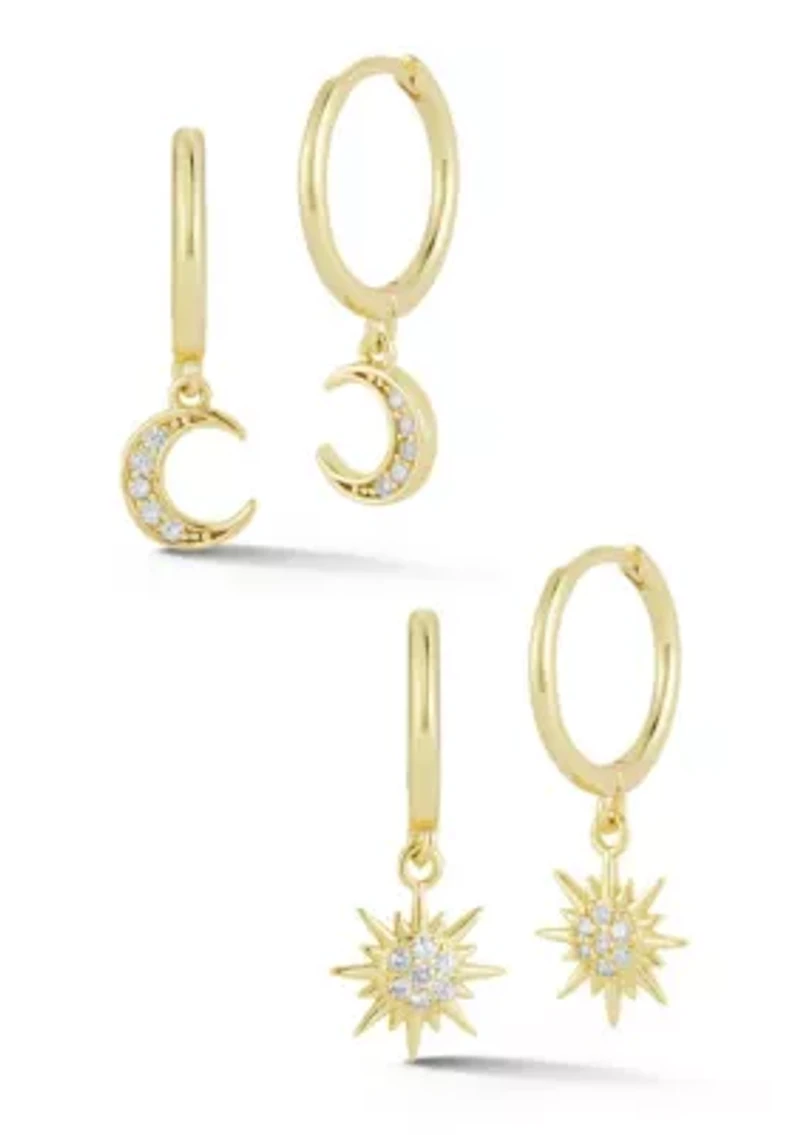 Sterling Silver Cubic Zirconia Moon and Star Charm Huggie Hoop Earrings 2 Pair Set