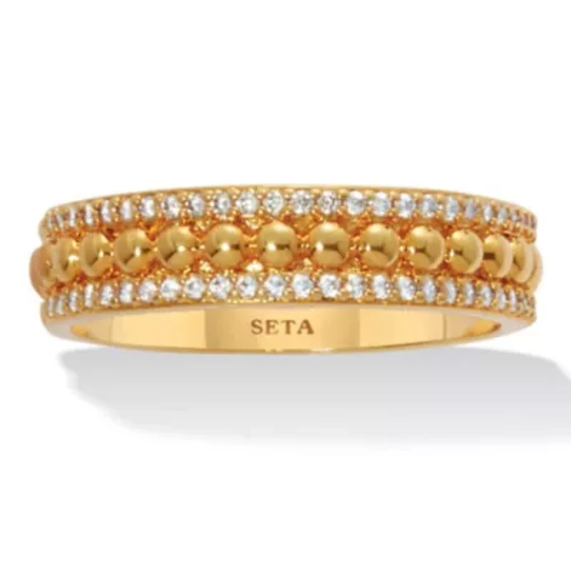 Triple Row Yellow Gold-Plated Round Crystal Band Ring